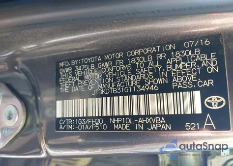 2016 Toyota Prius C One from USA, damaged, VIN JTDKDTB31G1134946